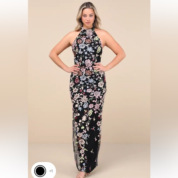 Lulus infinite praise black 3D floral embroidered halter maxi dress - Picture 3 of 4